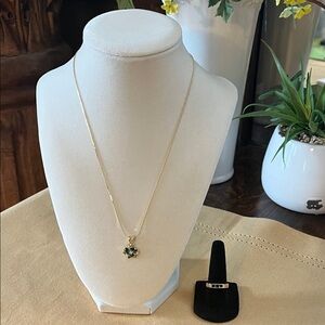 NWOT Gold & Emerald stone Necklace with gold and green stone ring